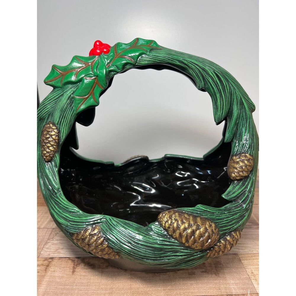 VTG Ceramic Christmas Decorative Pinecone Holly Basket Holland Mold Centerpiece